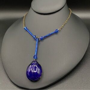 Vintage Cobalt Blue Czech Glass Scarab Pendant Necklace
